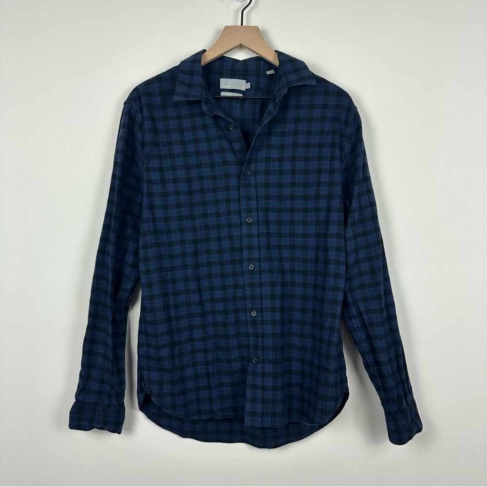 Vince Men's Classic Fit Blue & Black Gingham Plaid Button Down Shirt, M